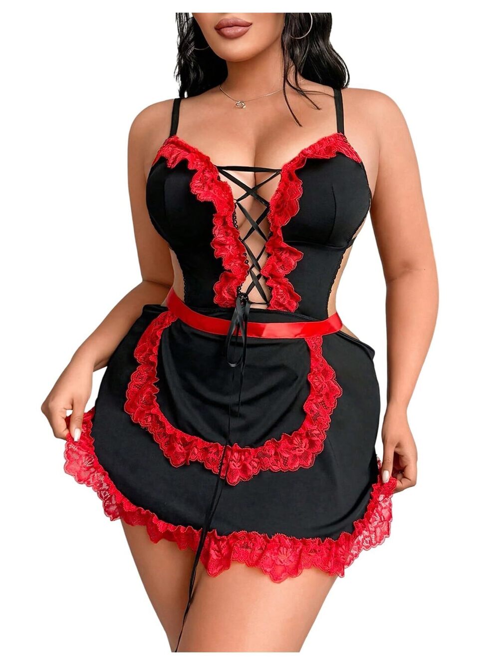 3630 Plus Size 2 Piece Contrast Lace Cosplay Lingerie Set Maid Costume Set